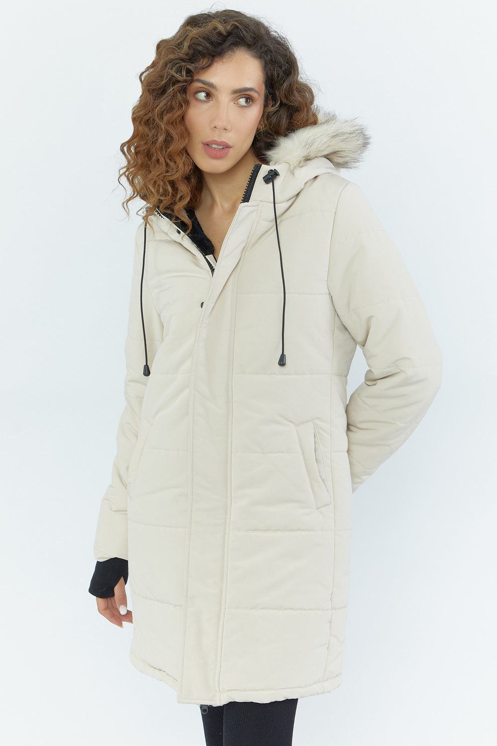 Faux-Fur Hooded Puffer Parka Sand