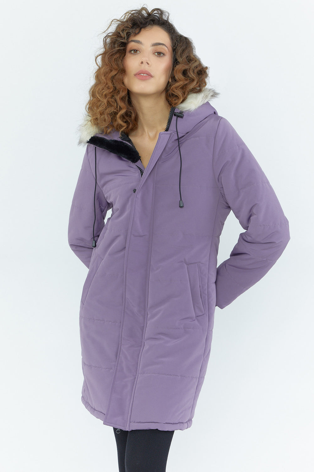 Faux-Fur Hooded Puffer Parka Purple