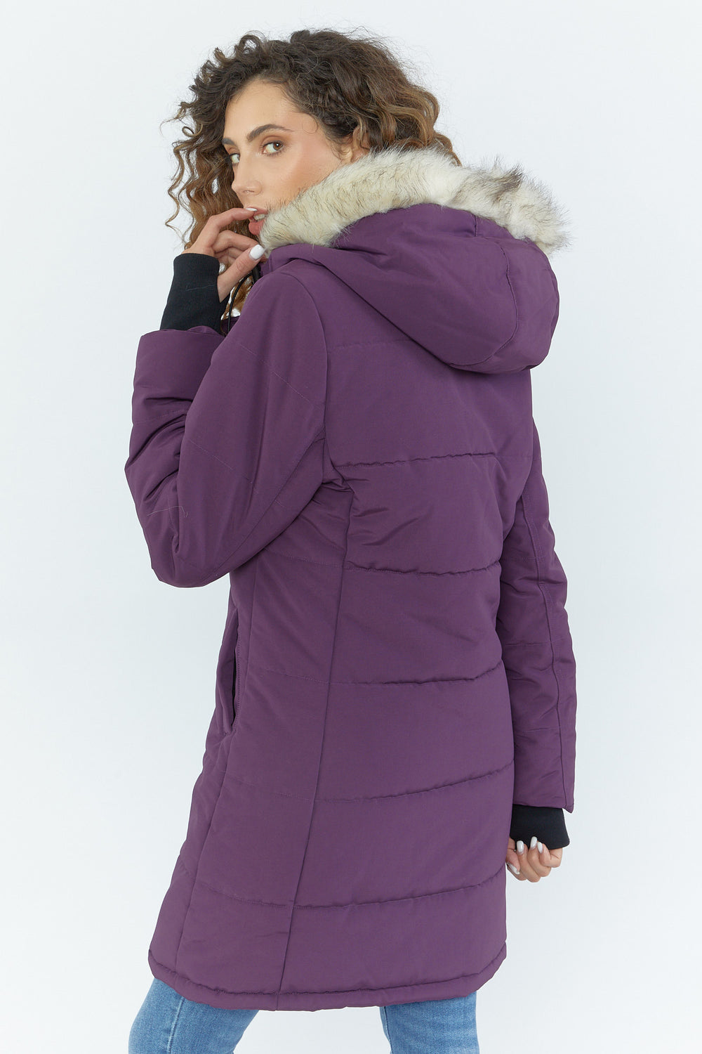 Faux-Fur Hooded Puffer Parka Plum