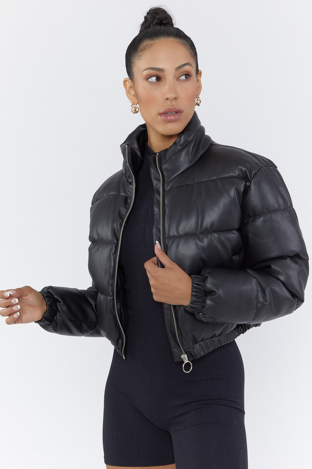 Faux Leather Cropped Puffer Jacket Black