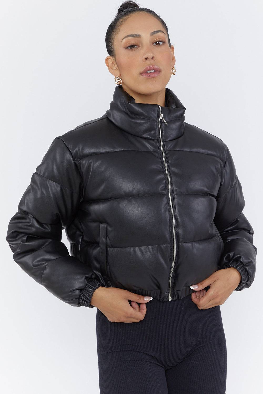 Faux Leather Cropped Puffer Jacket Black