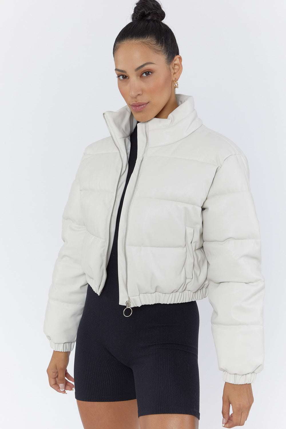 Faux Leather Cropped Puffer Jacket Cream