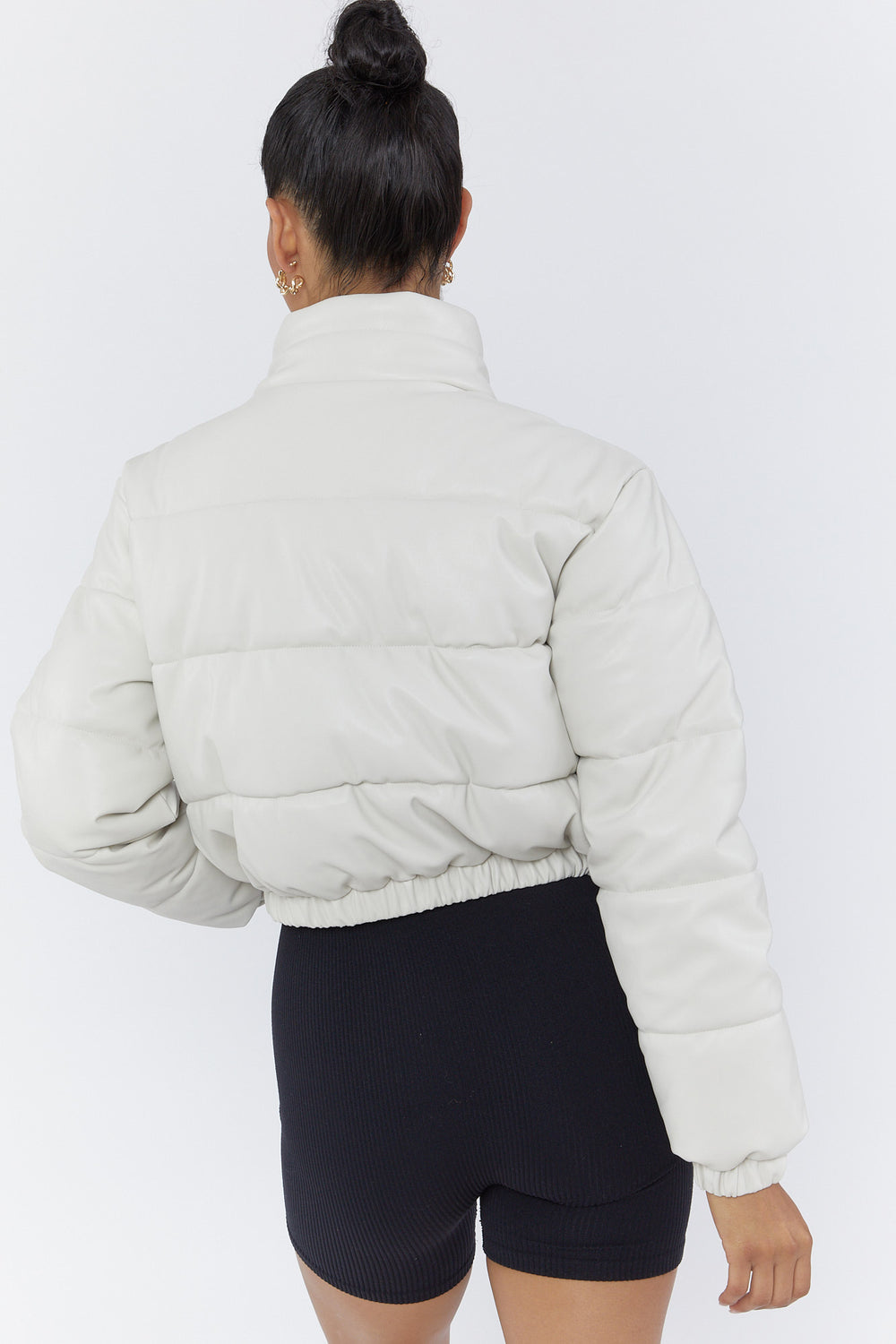 Faux Leather Cropped Puffer Jacket Cream