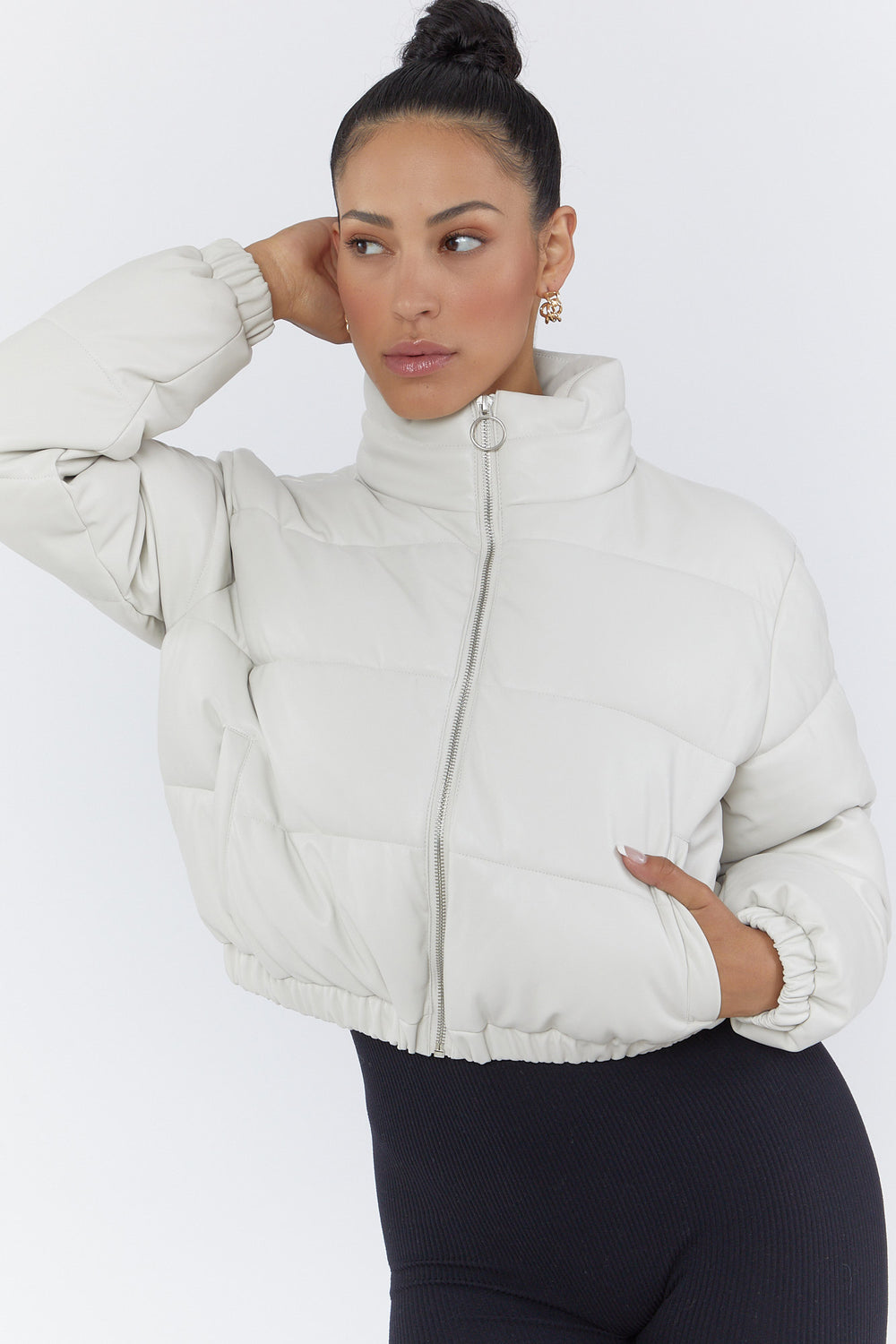 Faux Leather Cropped Puffer Jacket Cream