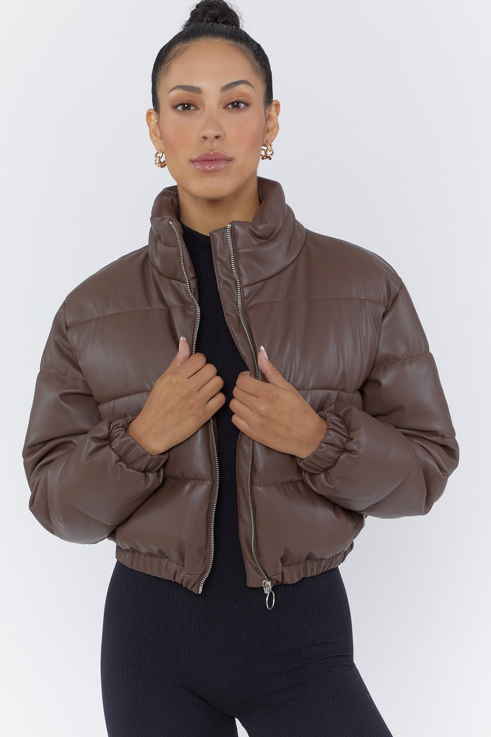 Faux Leather Cropped Puffer Jacket Brown