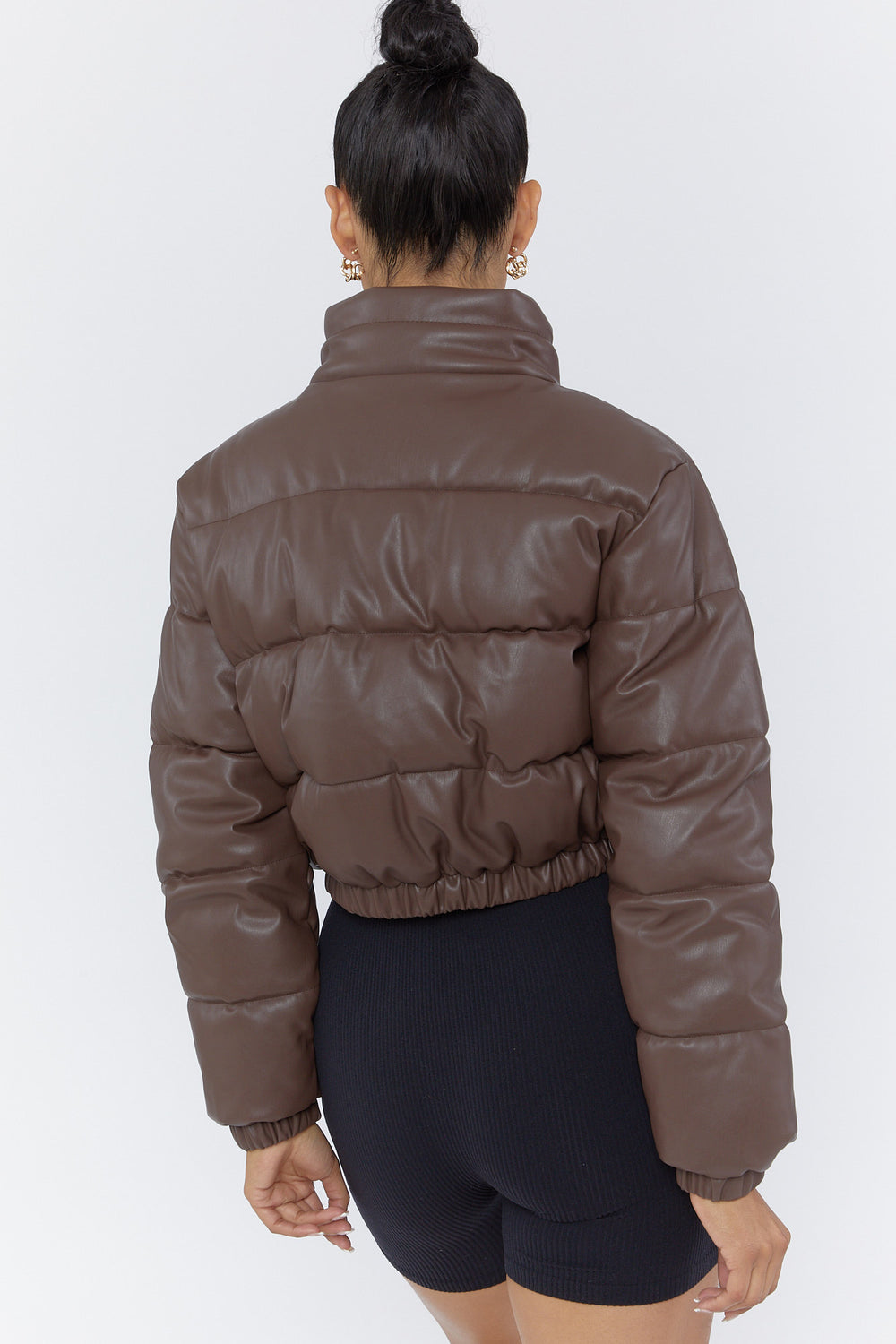 Faux Leather Cropped Puffer Jacket Brown