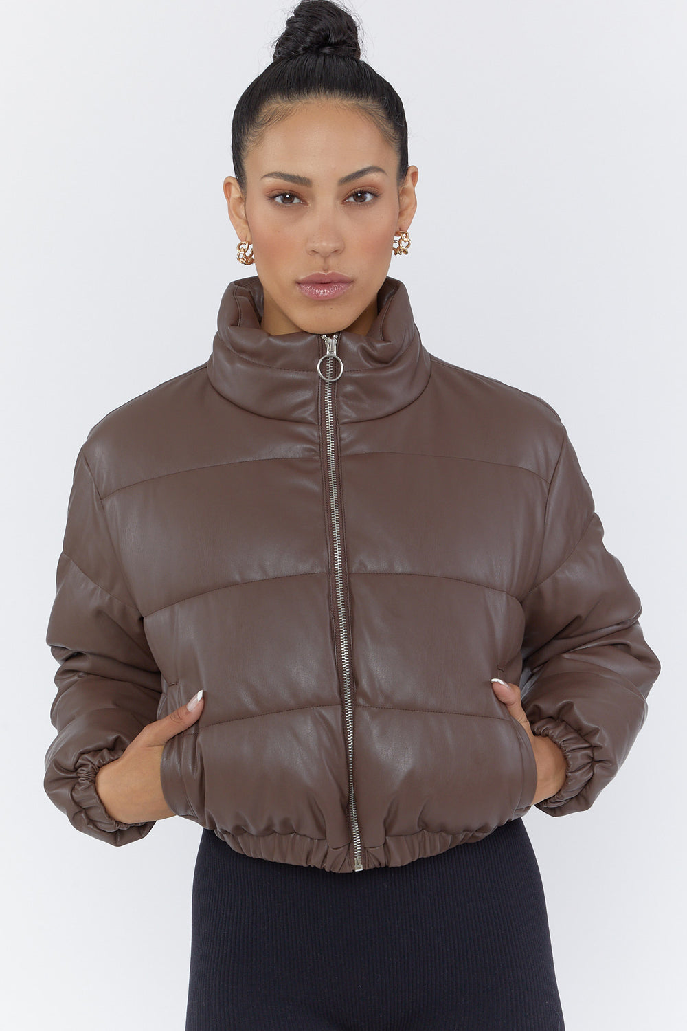 Faux Leather Cropped Puffer Jacket Brown