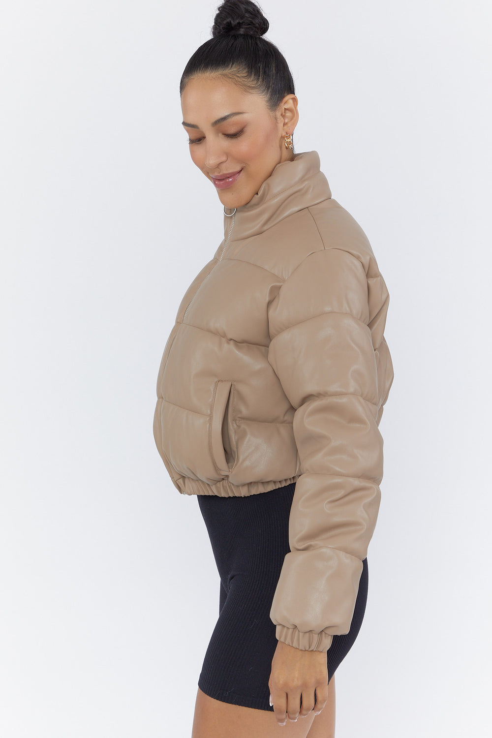 Faux Leather Cropped Puffer Jacket Light Brown