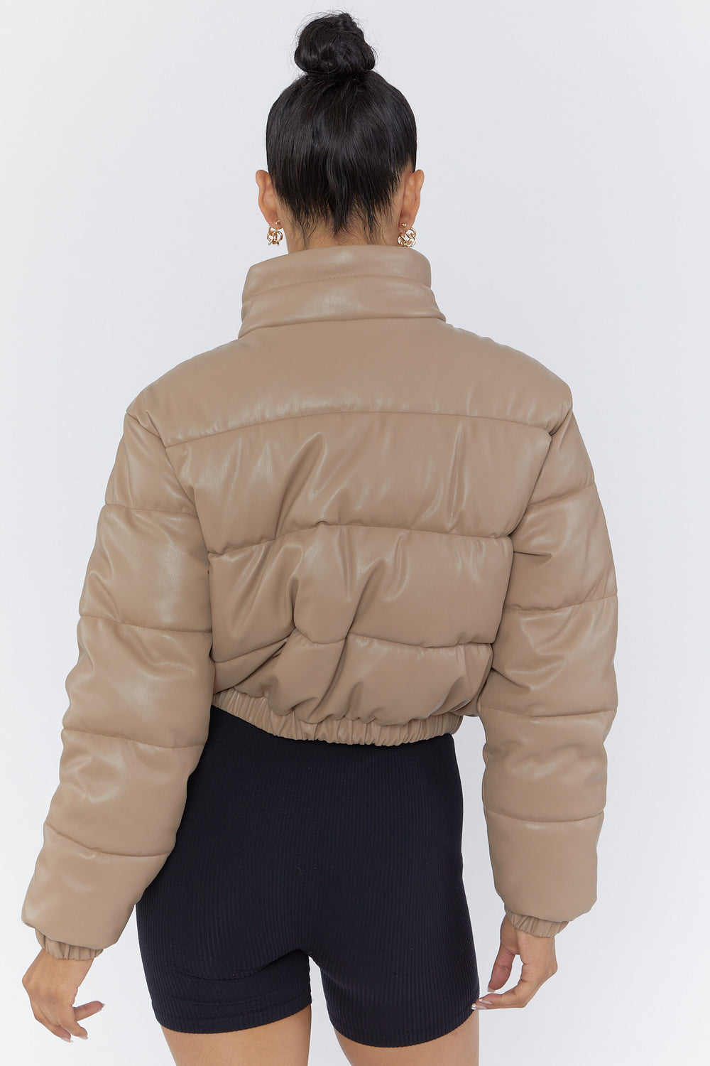 Faux Leather Cropped Puffer Jacket Light Brown