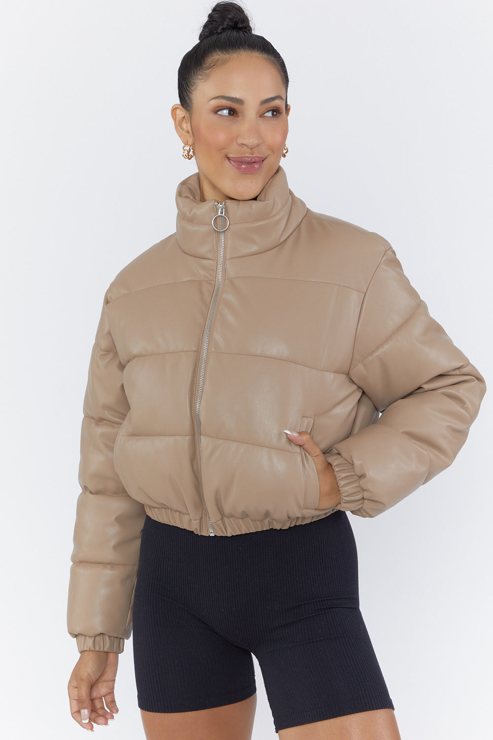 Faux Leather Cropped Puffer Jacket Light Brown