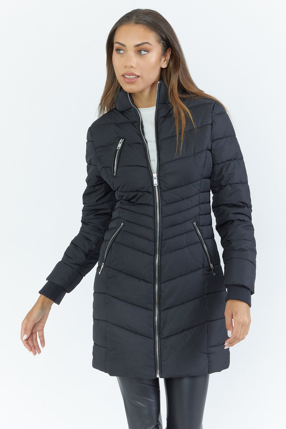 Zip-Up Mid-Length Puffer Jacket Black