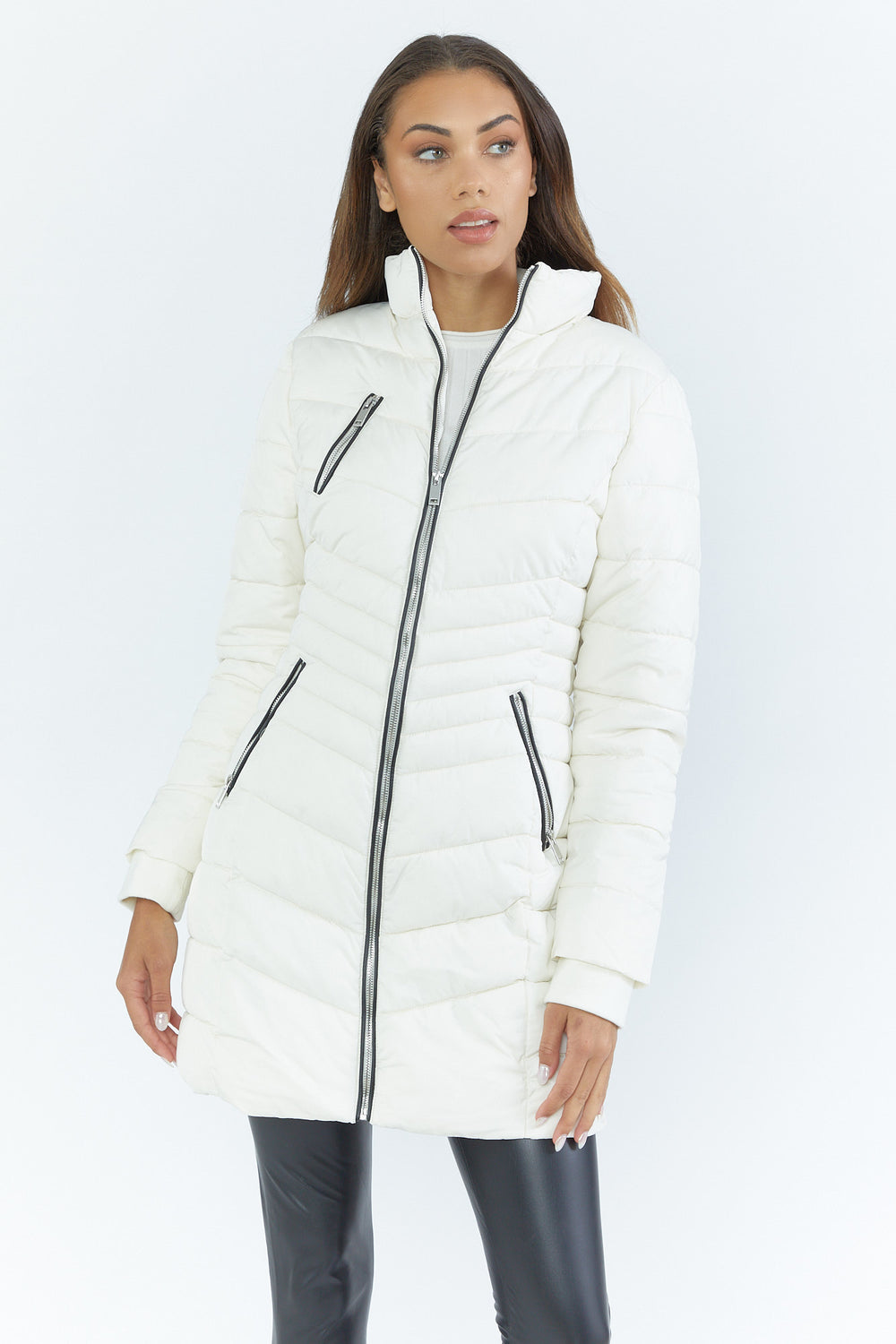 Zip-Up Mid-Length Puffer Jacket Cream