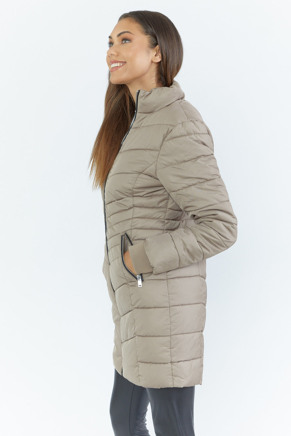 Zip-Up Mid-Length Puffer Jacket Brown