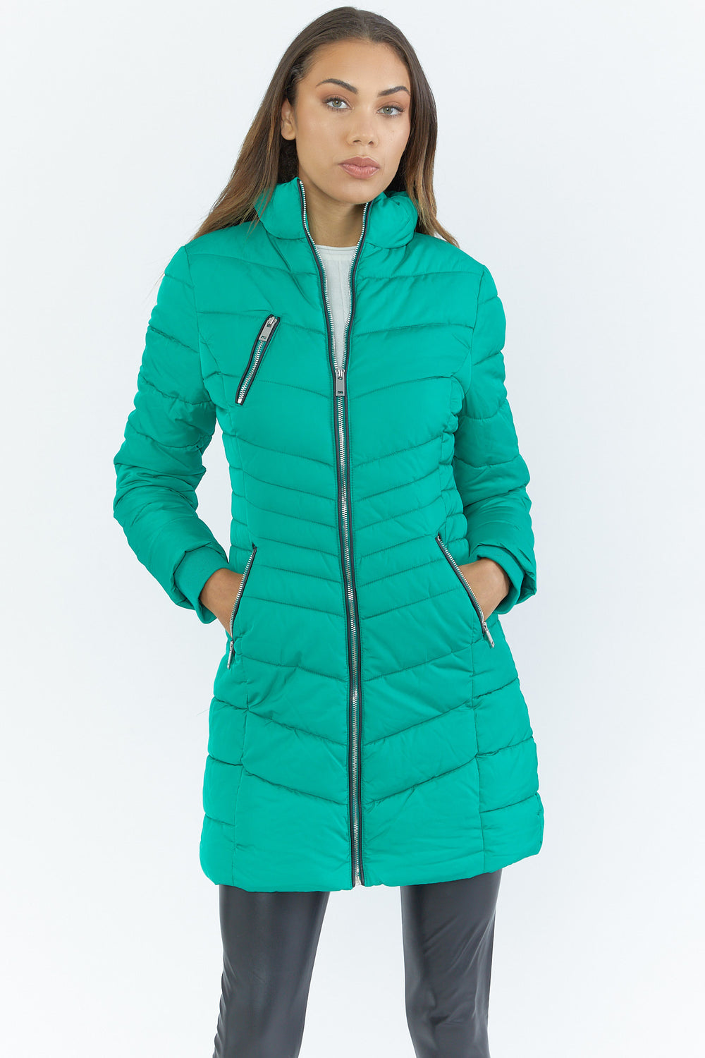 Zip-Up Mid-Length Puffer Jacket Green