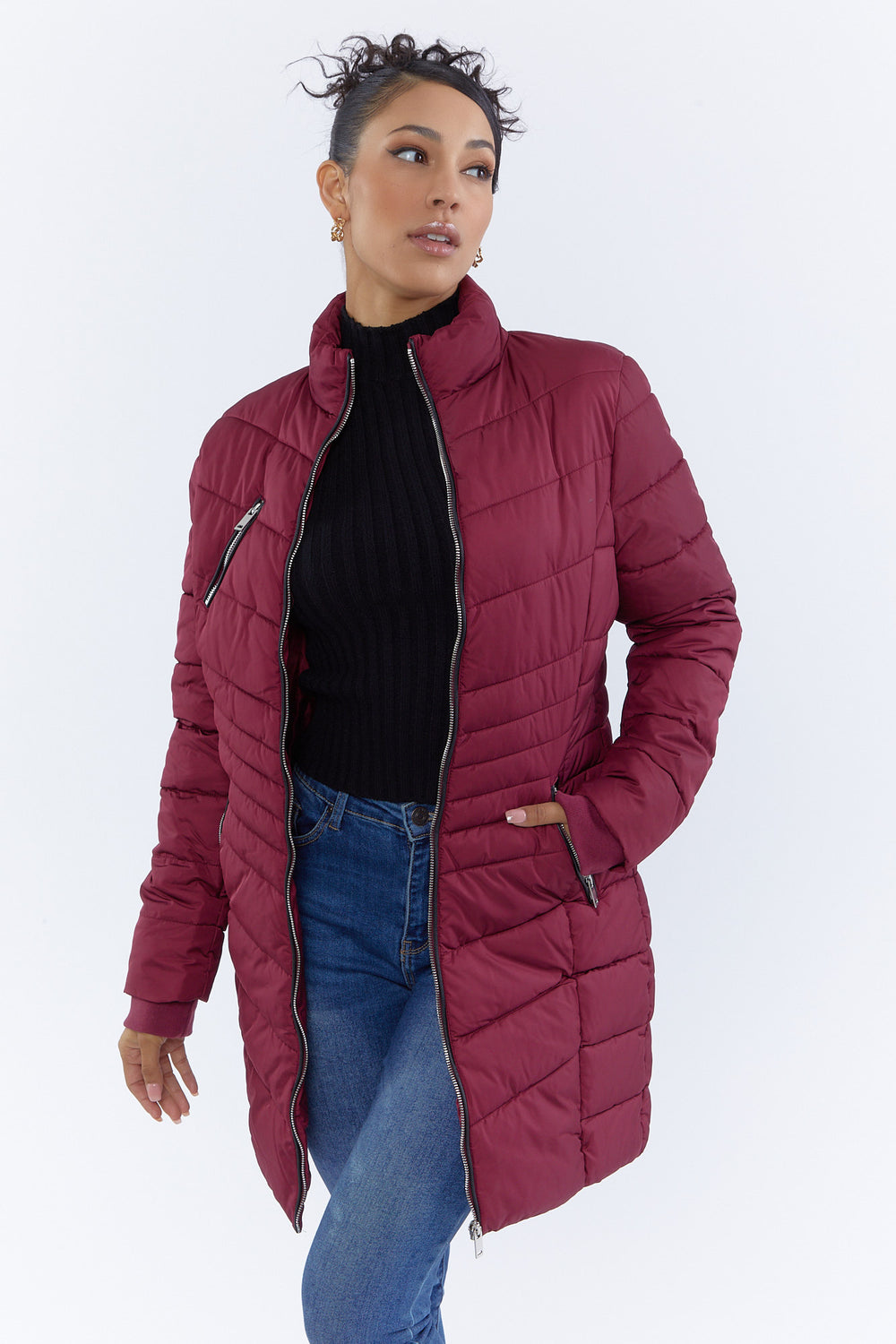 Zip-Up Mid-Length Puffer Jacket Burgundy