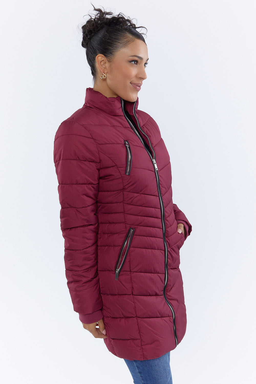 Zip-Up Mid-Length Puffer Jacket Burgundy