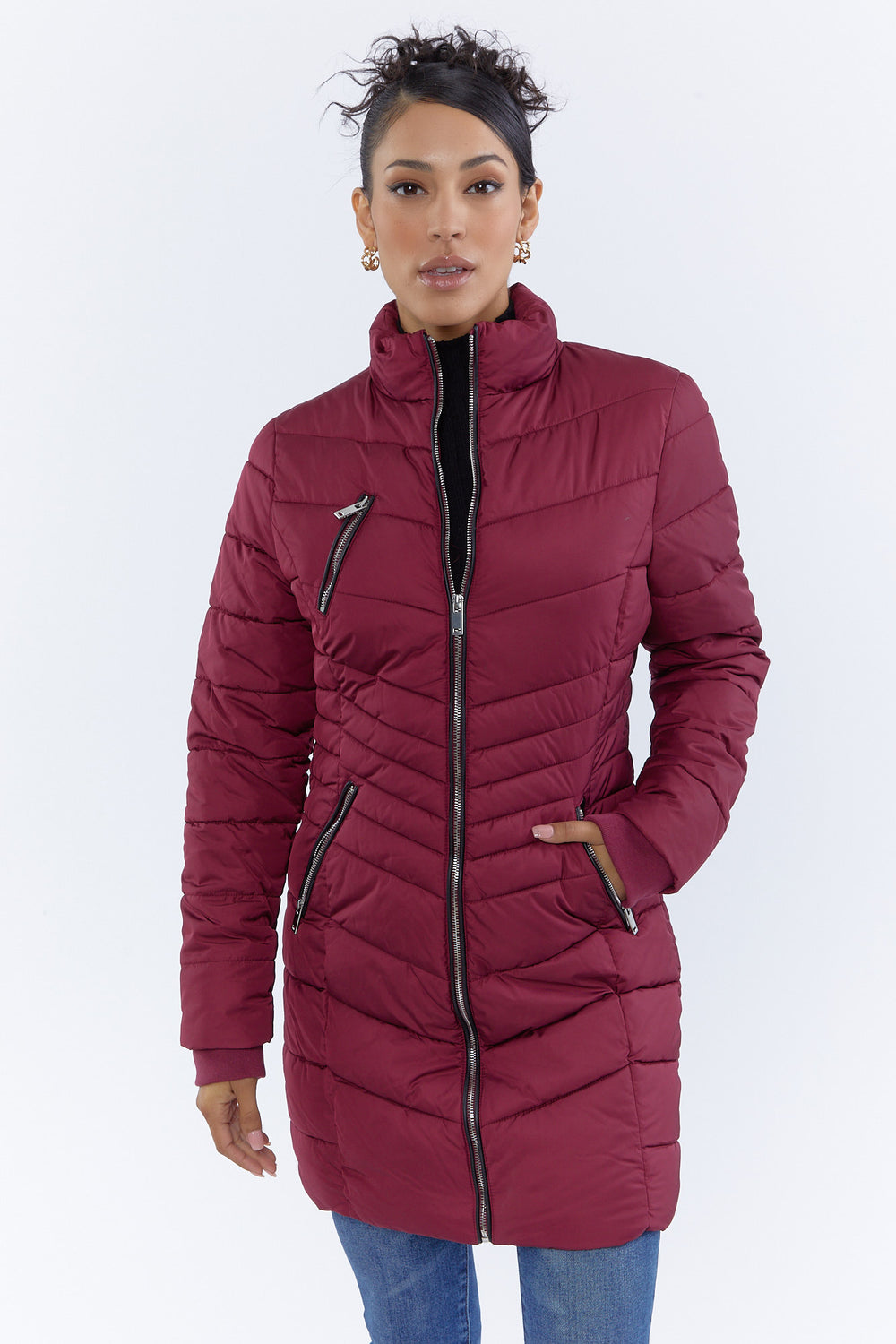 Zip-Up Mid-Length Puffer Jacket Burgundy