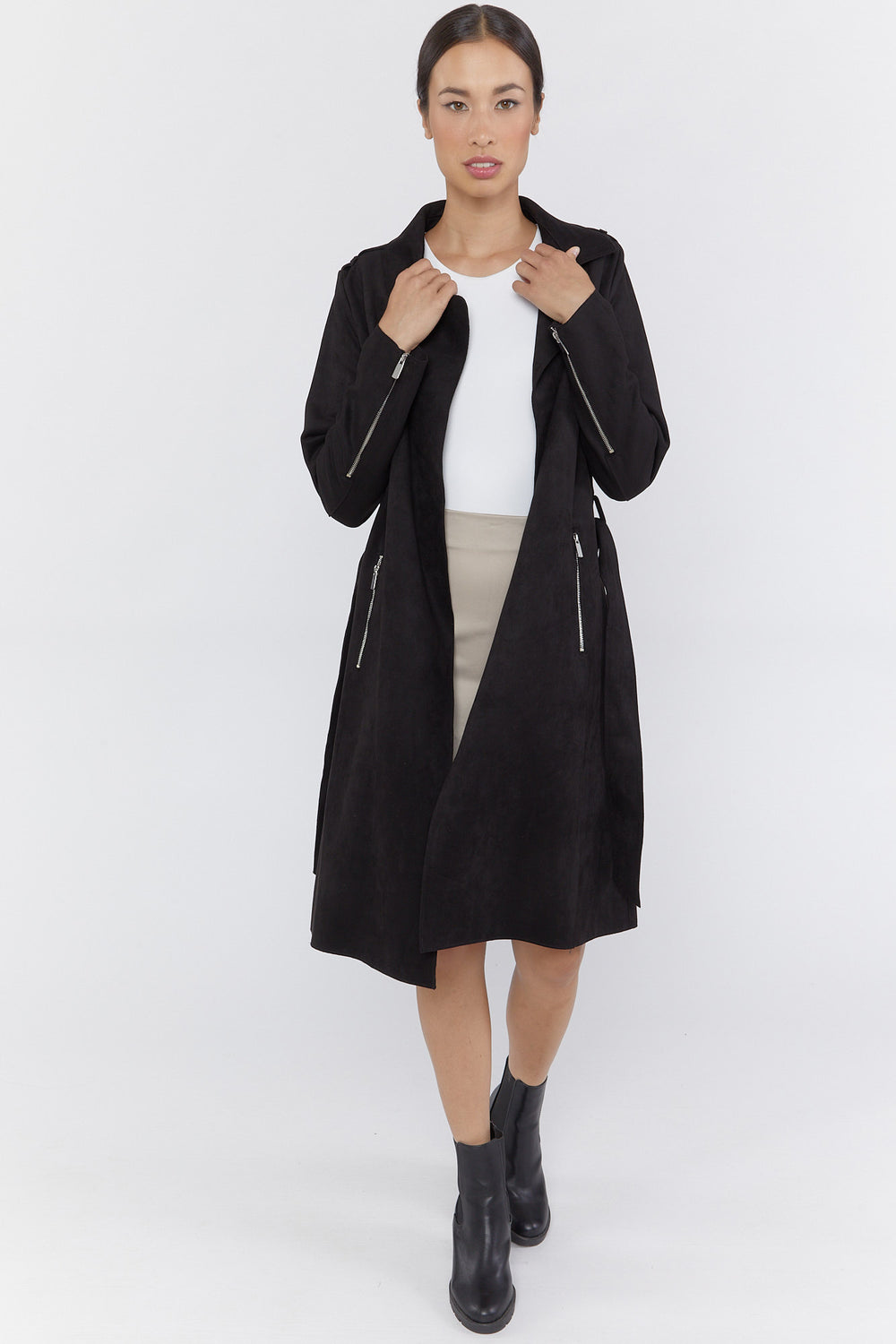 Faux-Suede Trench Coat Black