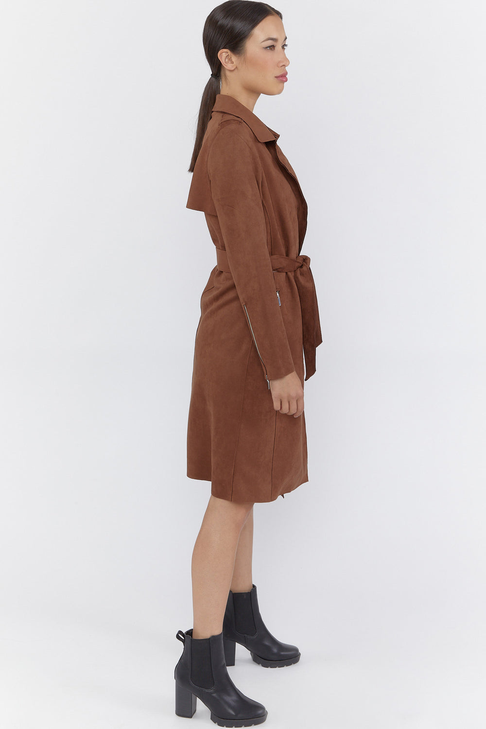 Faux-Suede Trench Coat Brown