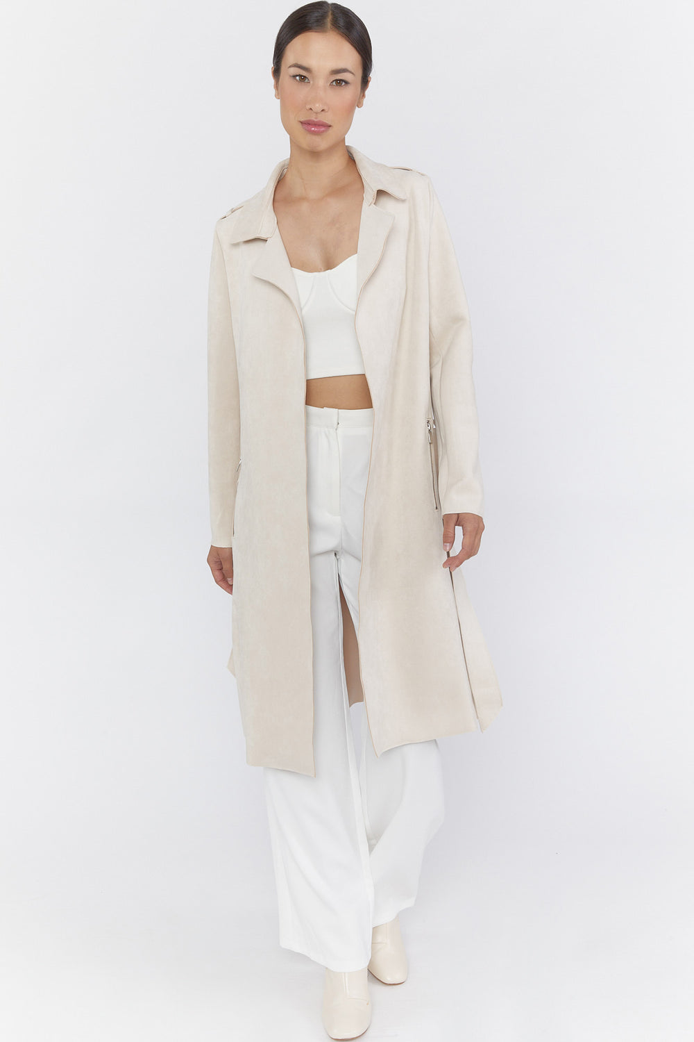 Faux-Suede Trench Coat Beige