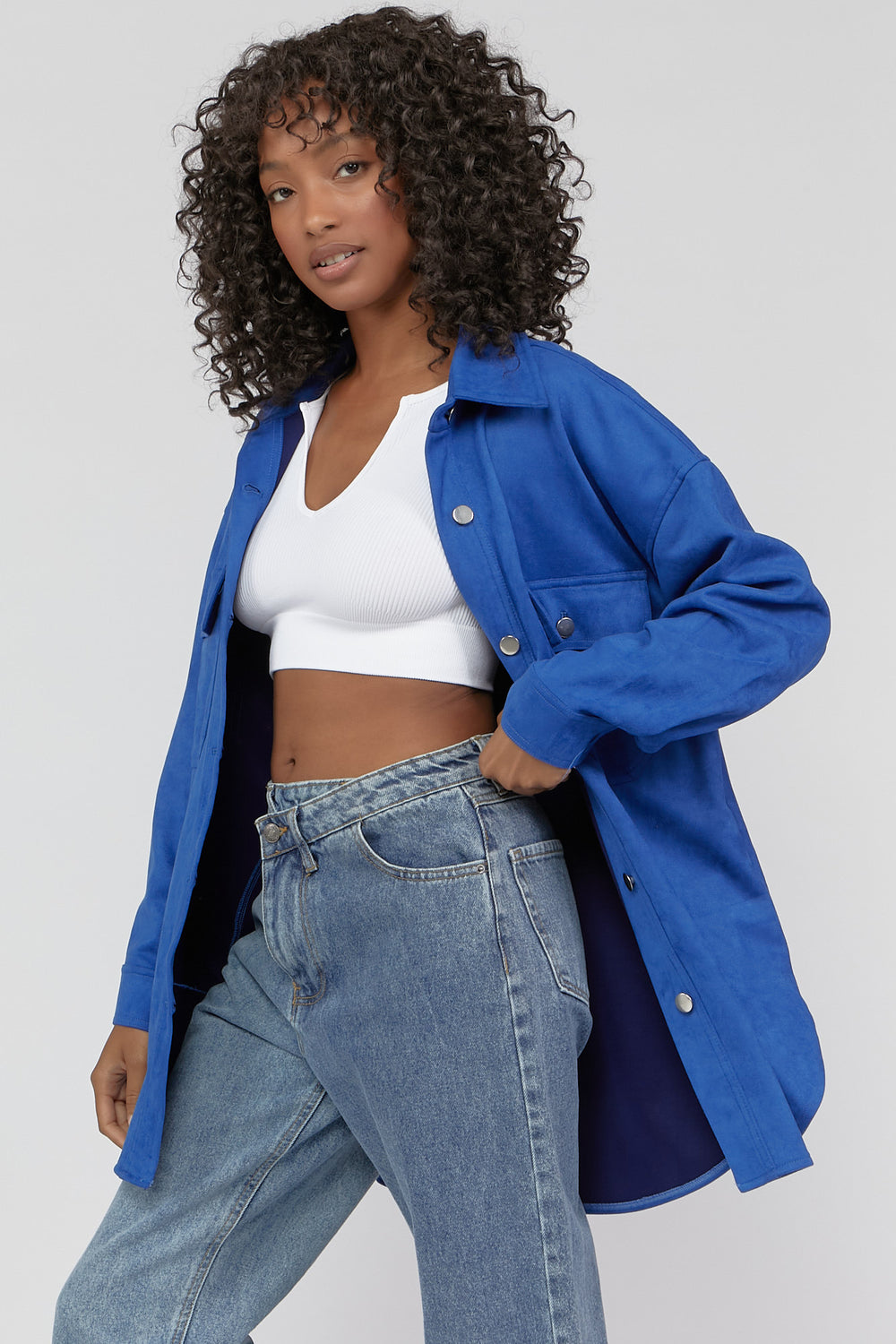 Button-Up Suede Shacket Royal Blue