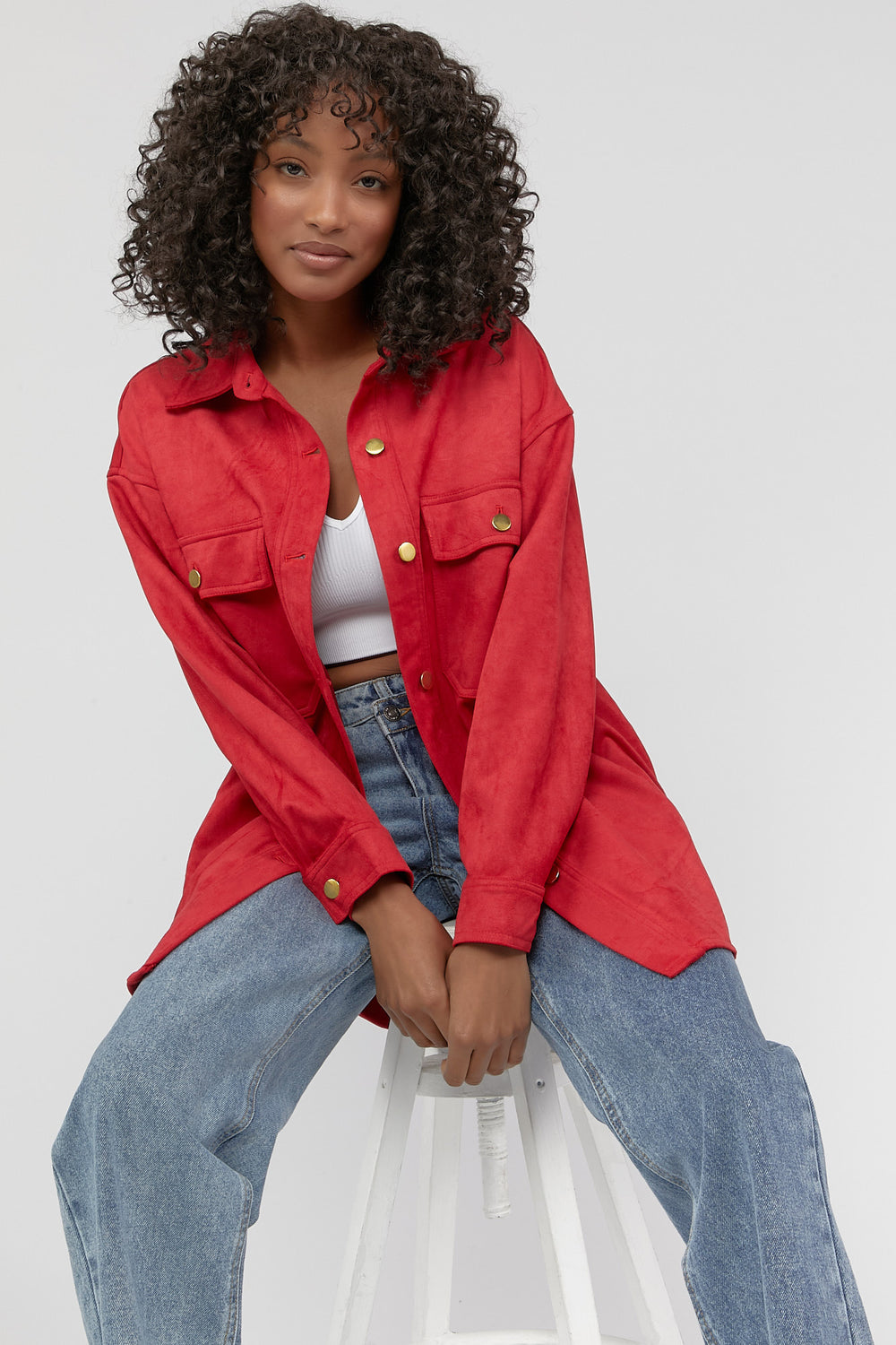 Button-Up Suede Shacket Red