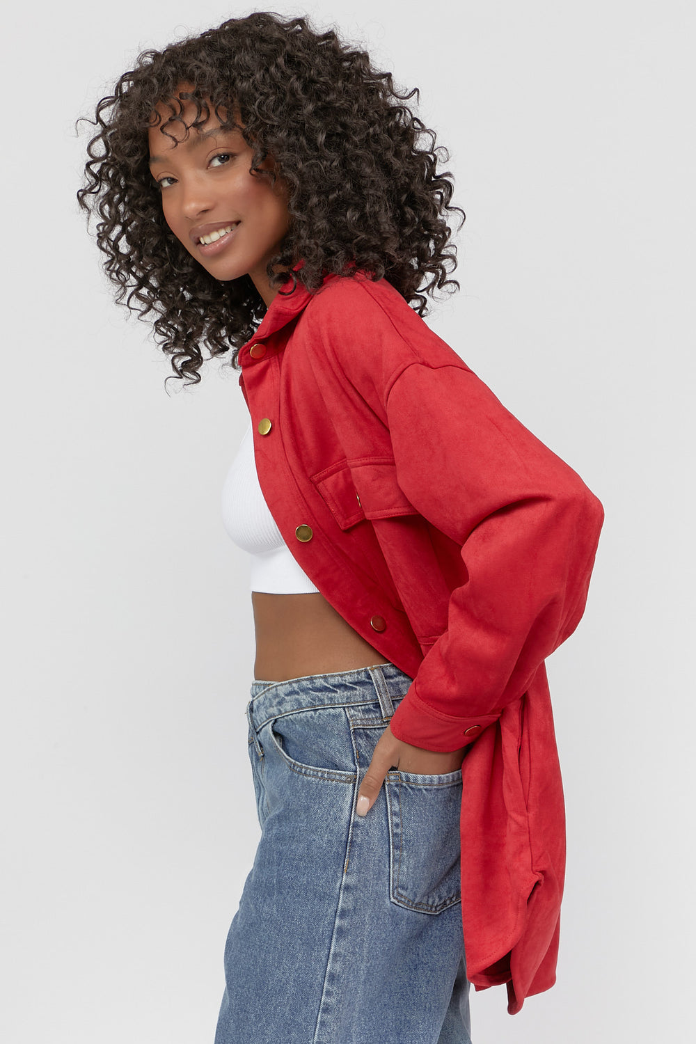 Button-Up Suede Shacket Red