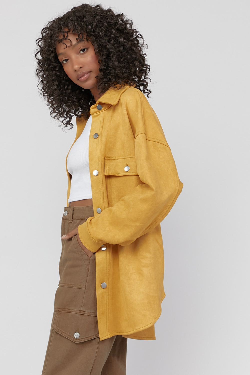 Button-Up Suede Shacket Mustard