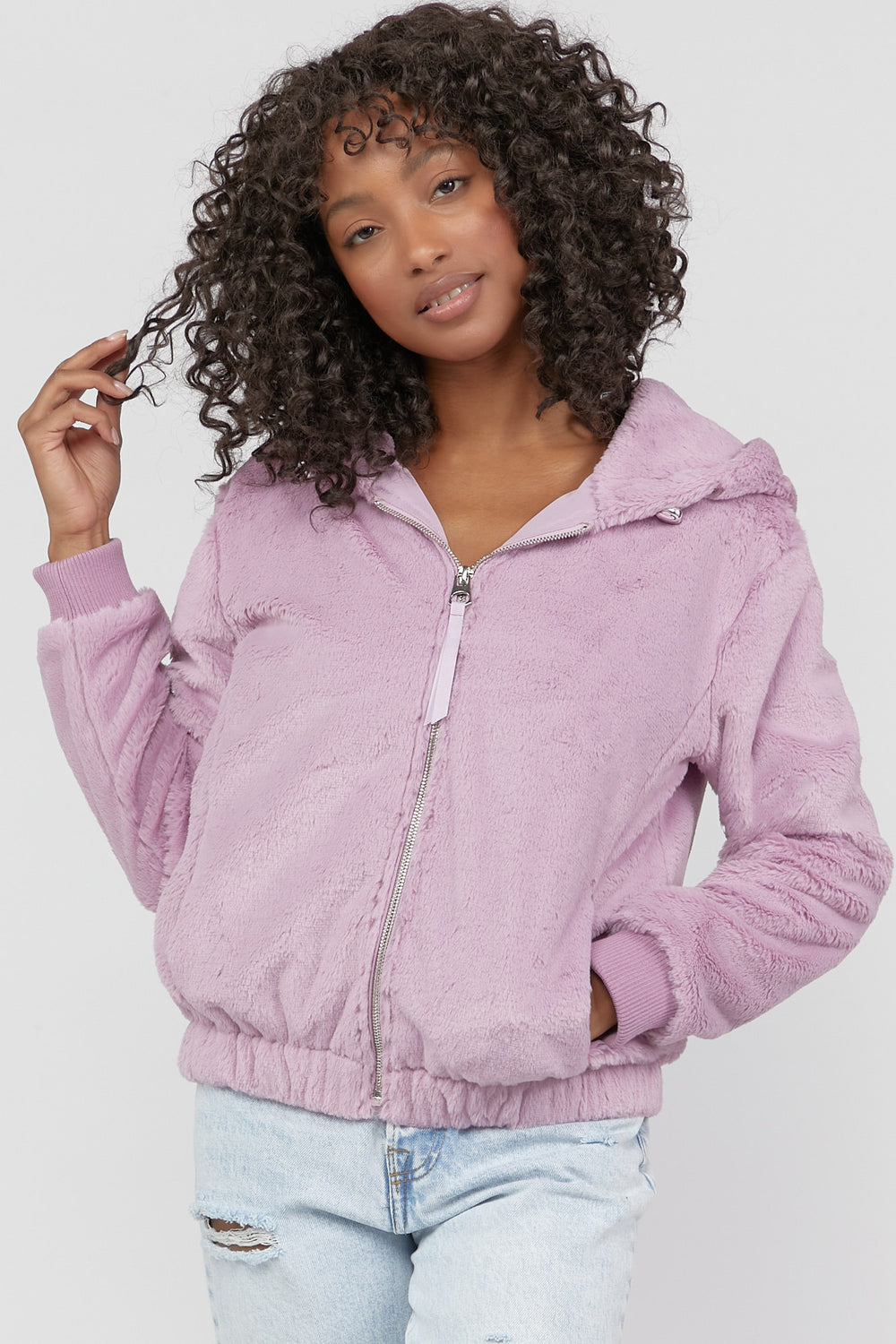 Faux-Fur Zip-Up Jacket Lilac