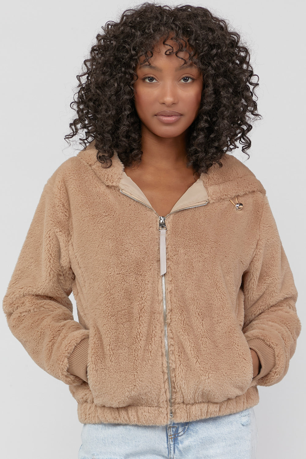 Faux-Fur Zip-Up Jacket Taupe