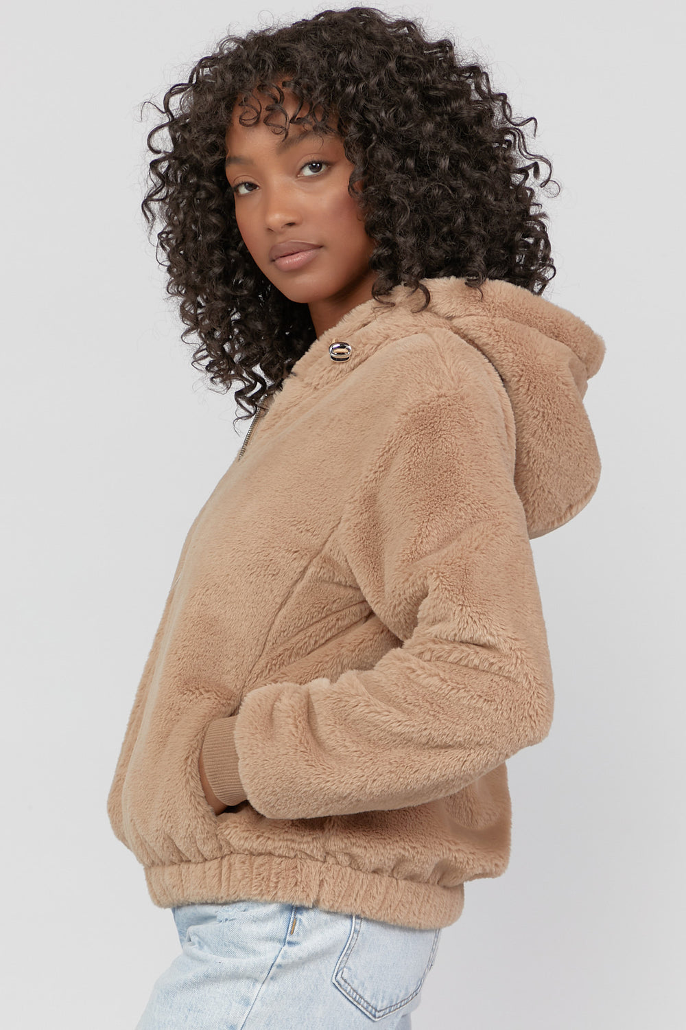 Faux-Fur Zip-Up Jacket Taupe