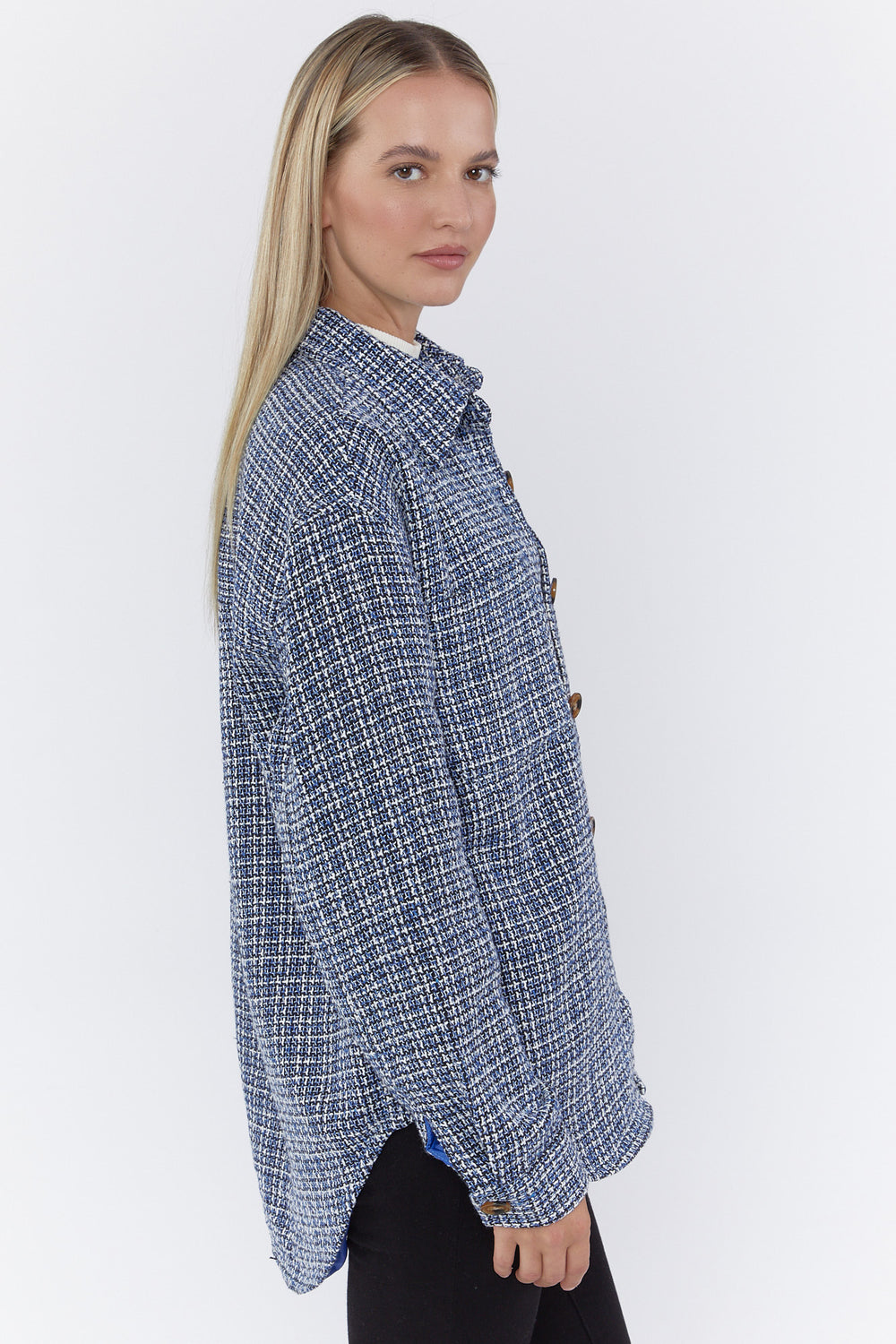 Plaid Button-Front Shacket Blue