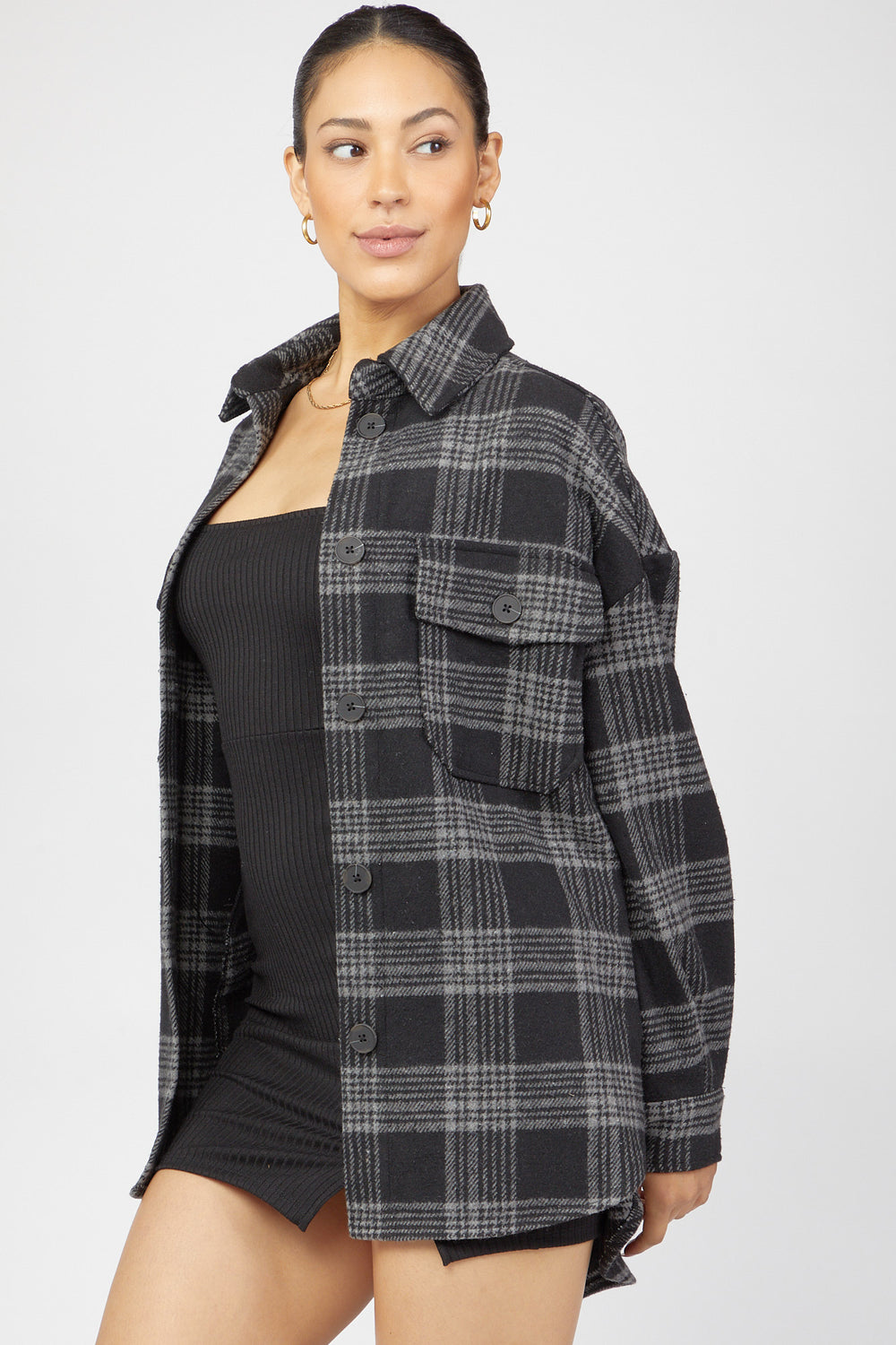 Plaid Flannel Shacket Black