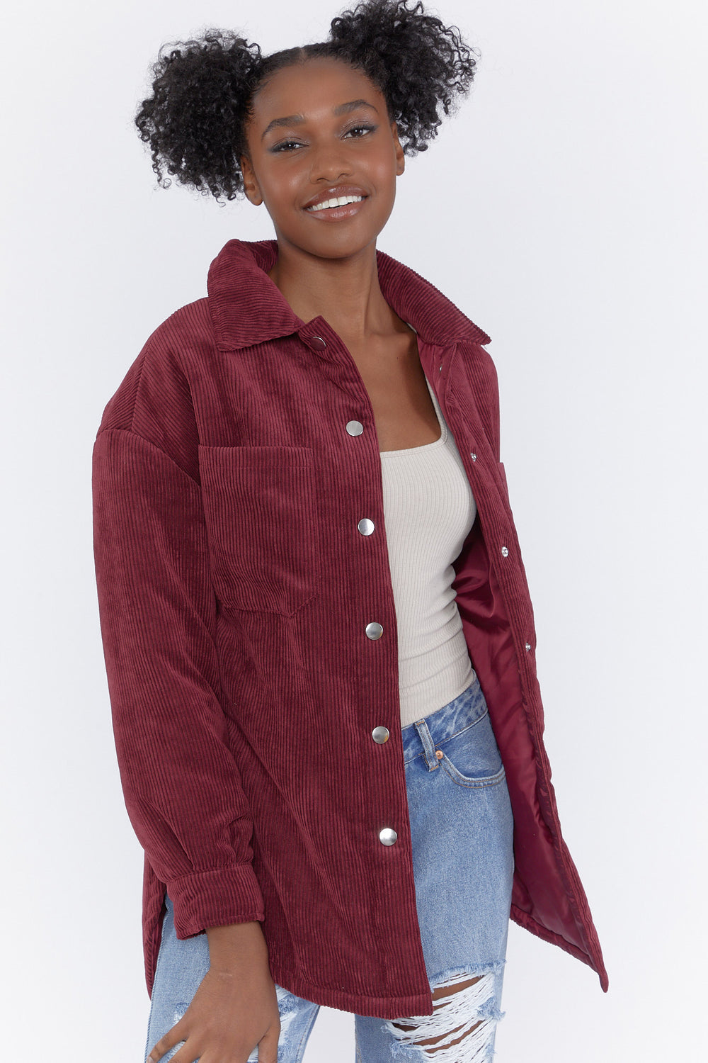 Corduroy Puffer Shacket Burgundy