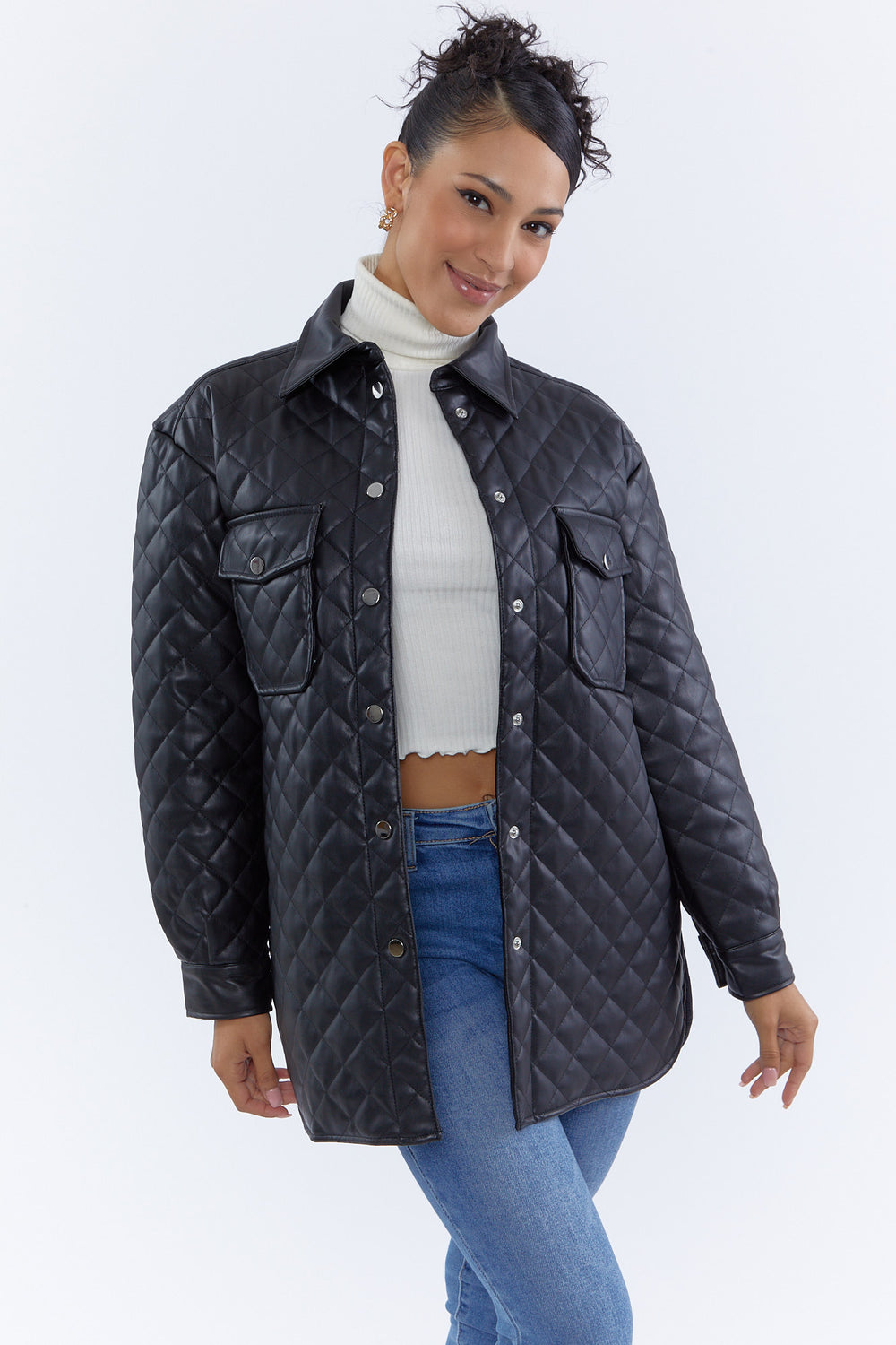 Faux-Leather Quilted Shacket Black