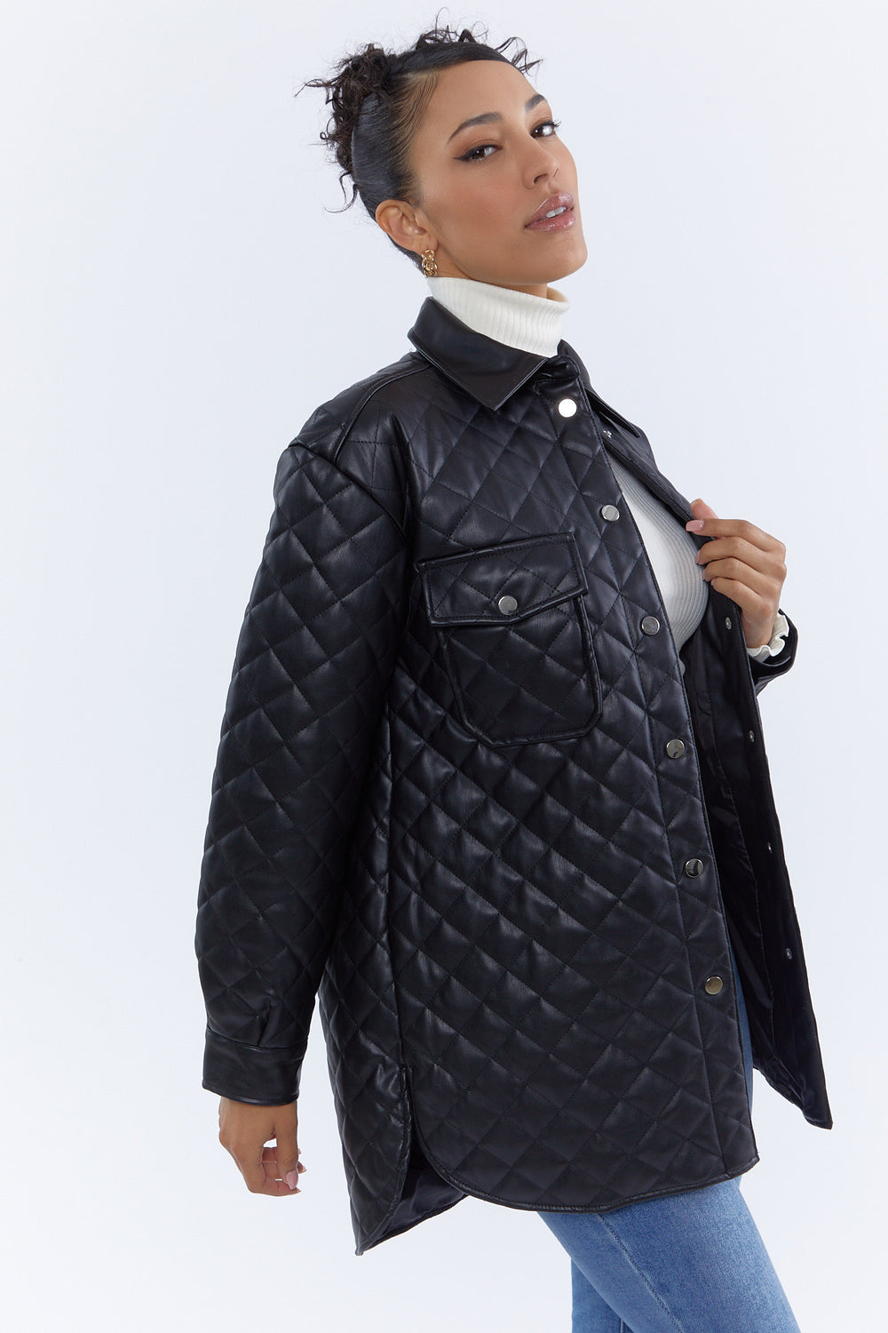 Faux-Leather Quilted Shacket Black