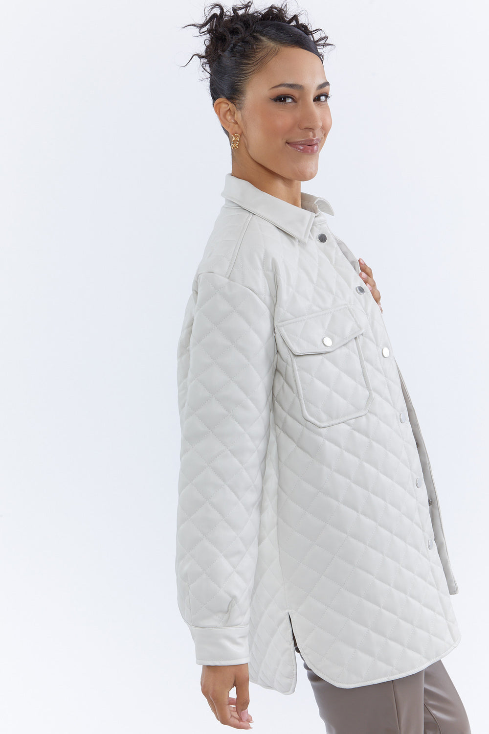 Faux-Leather Quilted Shacket Cream