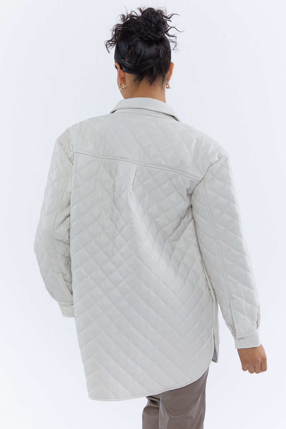 Faux-Leather Quilted Shacket Cream