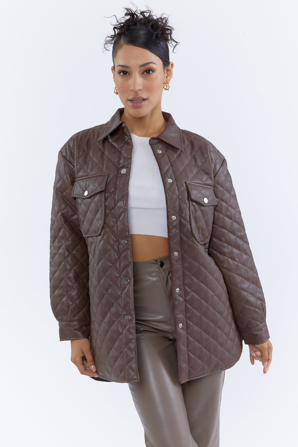 Faux-Leather Quilted Shacket Brown