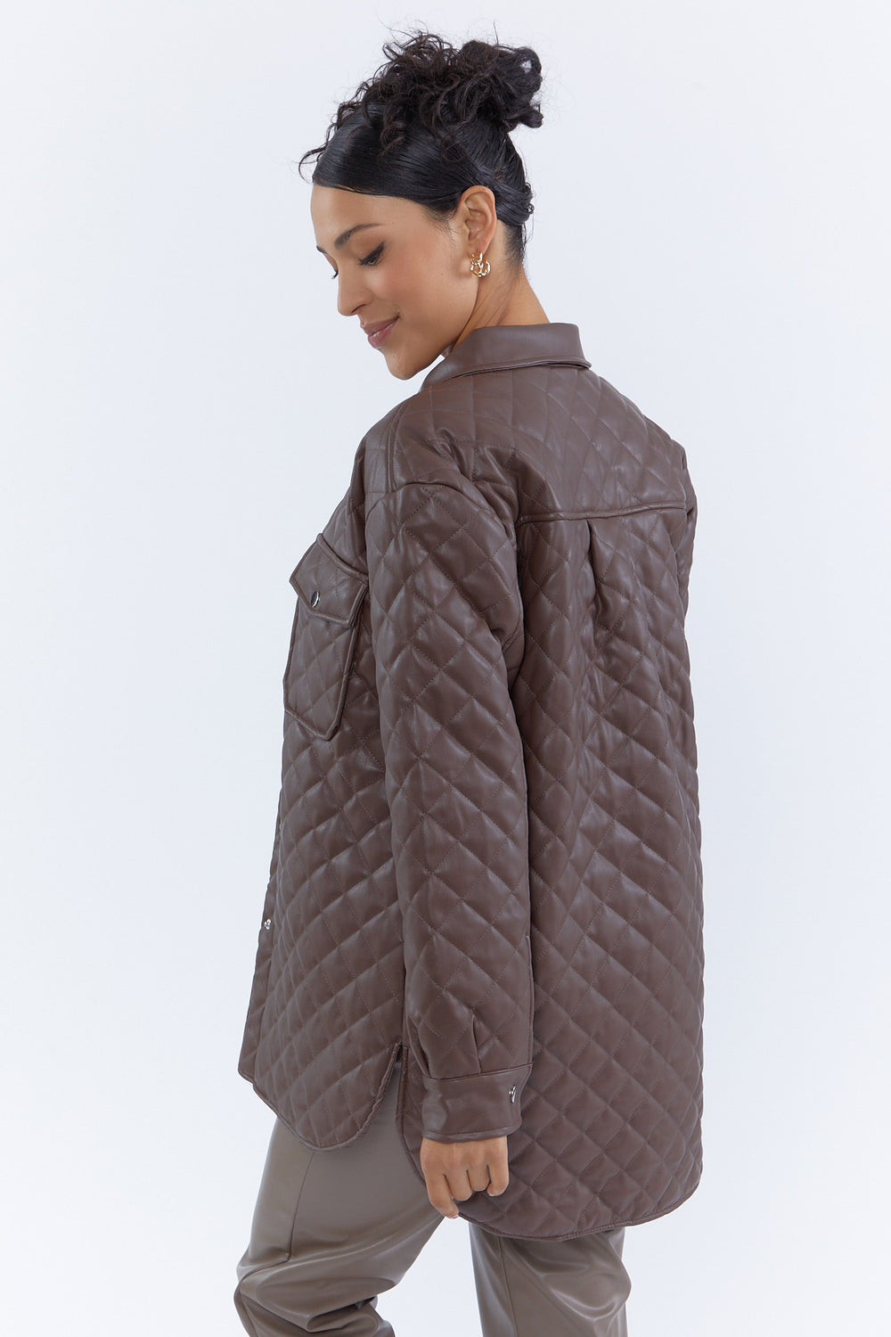 Faux-Leather Quilted Shacket Brown