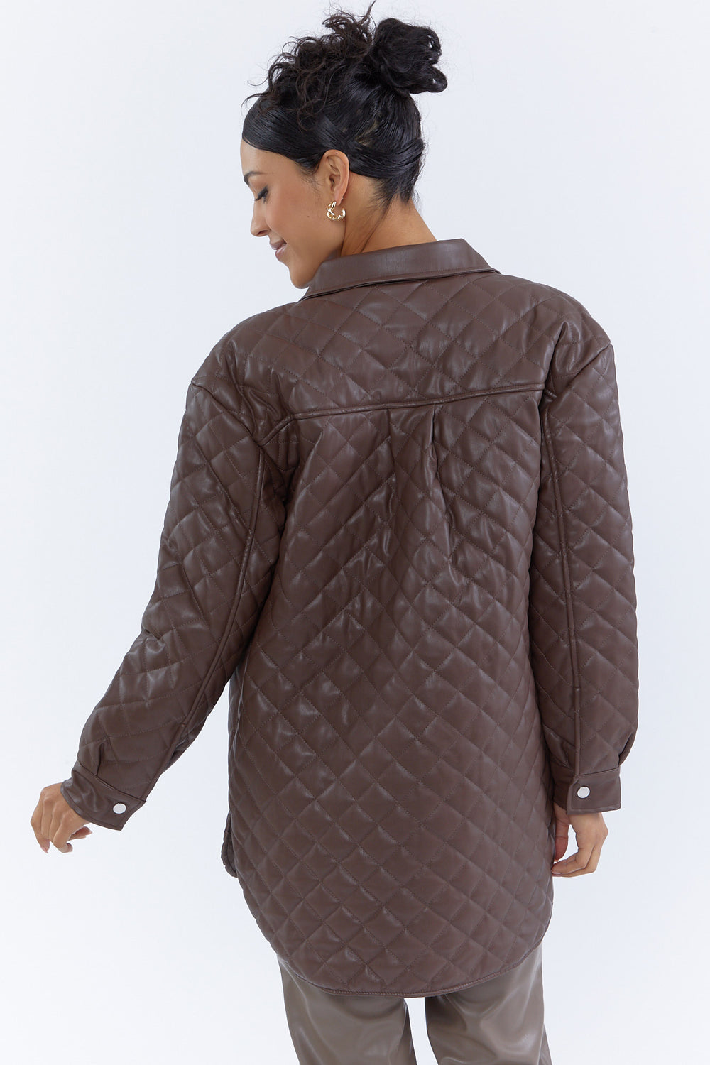Faux-Leather Quilted Shacket Brown