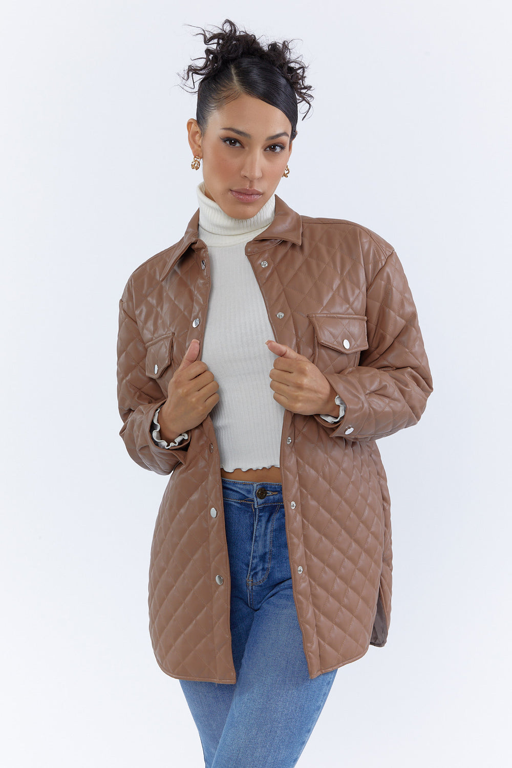 Faux-Leather Quilted Shacket Tan
