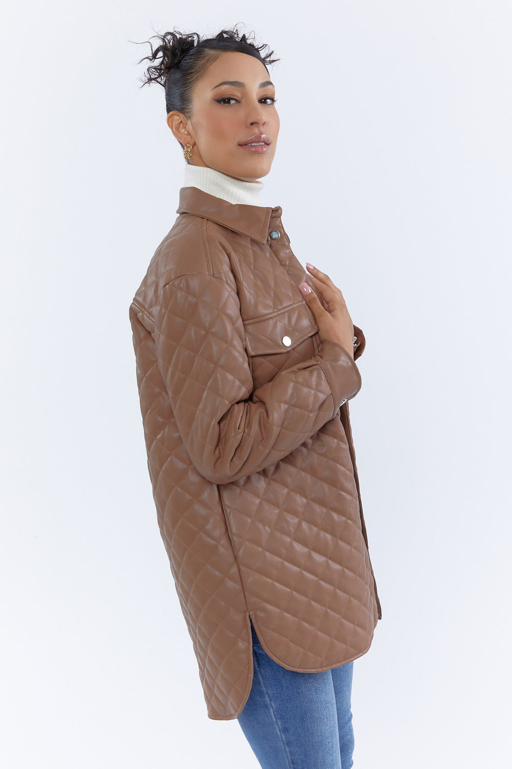 Faux-Leather Quilted Shacket Tan