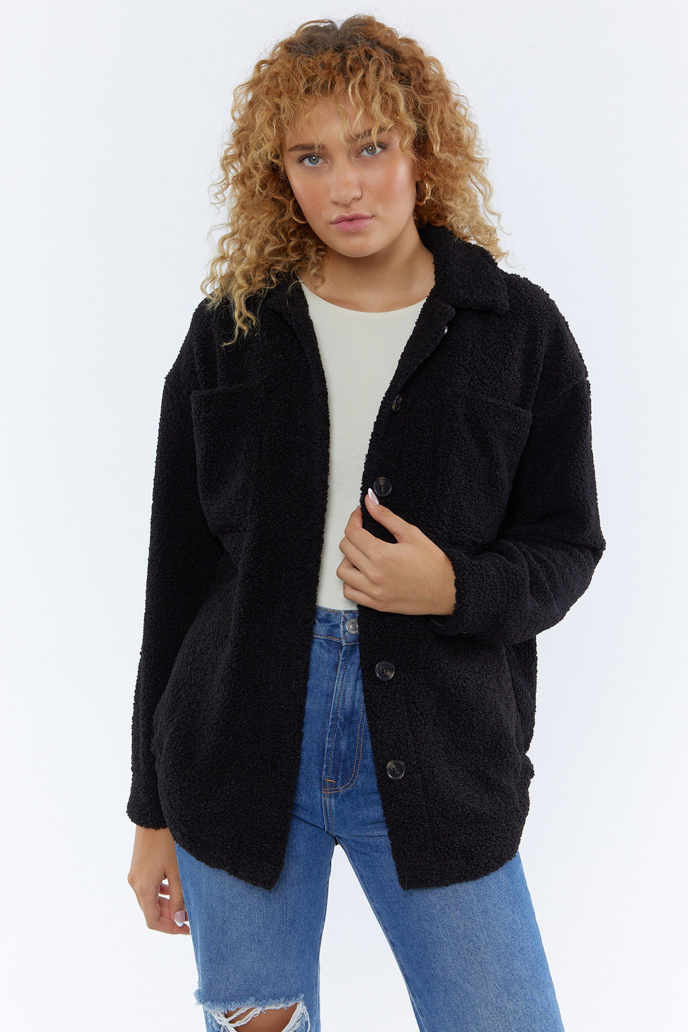 Button-Front Sherpa Shacket Black