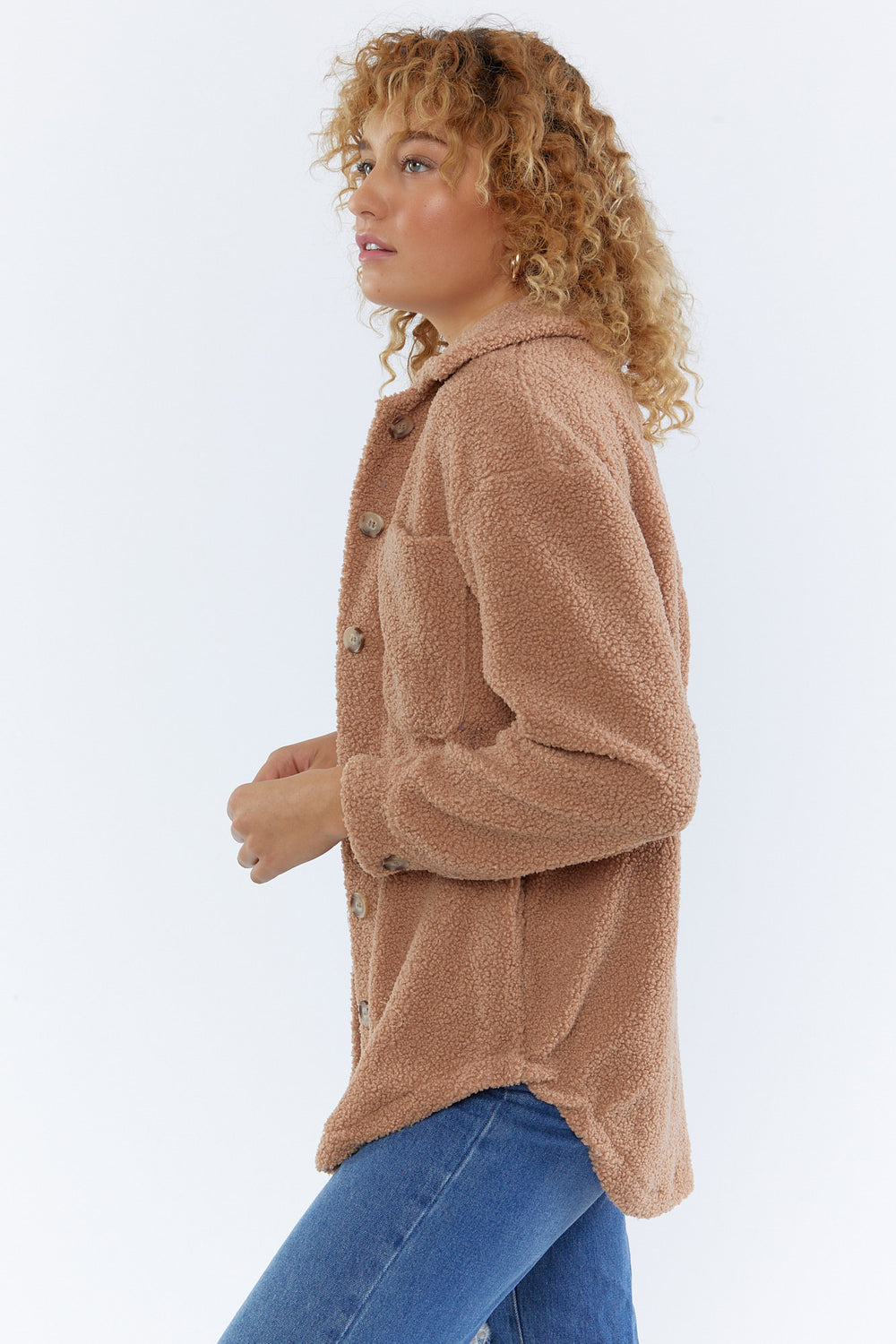 Button-Front Sherpa Shacket Tan