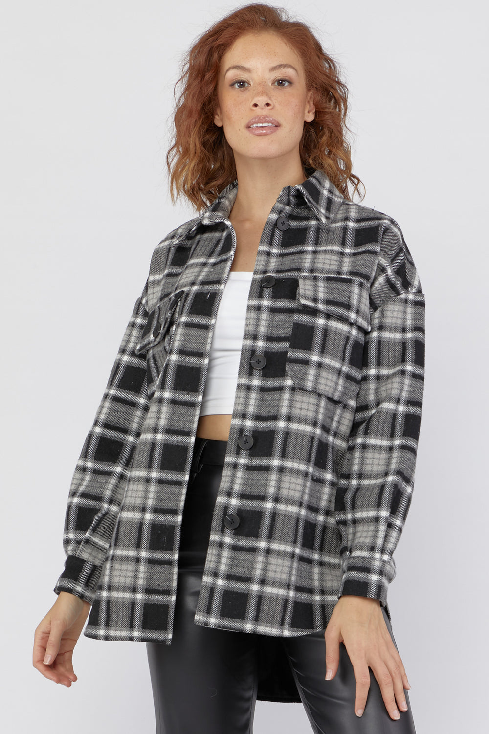 Plaid Flannel Shacket Black with White