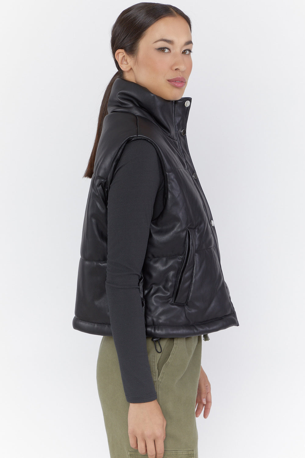 Faux Leather Puffer Vest Black