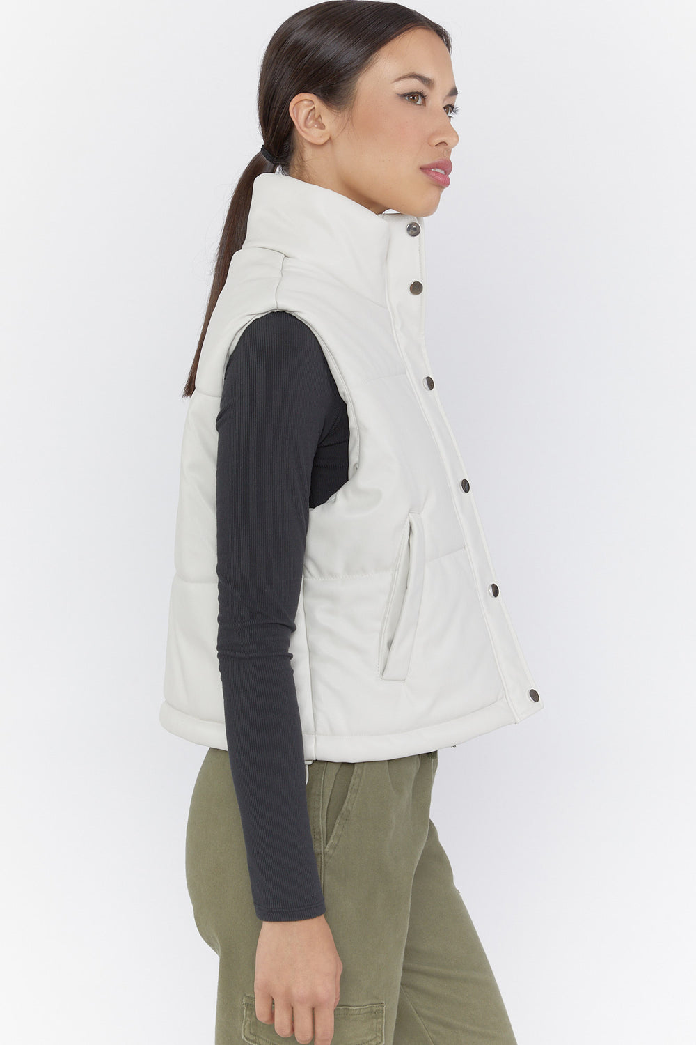 Faux Leather Puffer Vest Cream