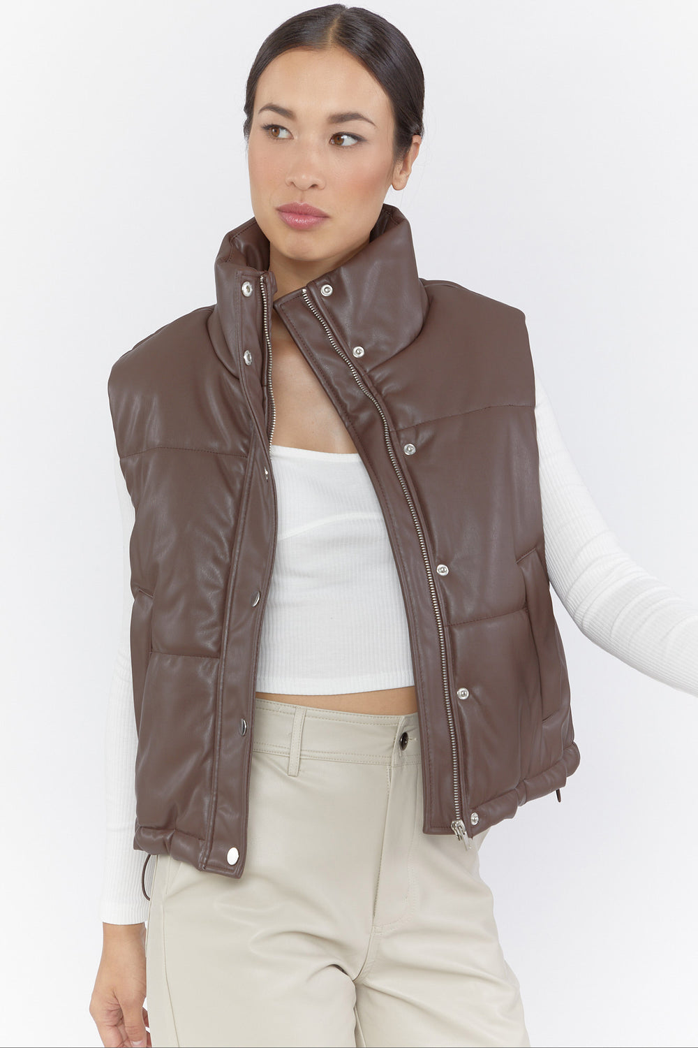 Faux Leather Puffer Vest Brown