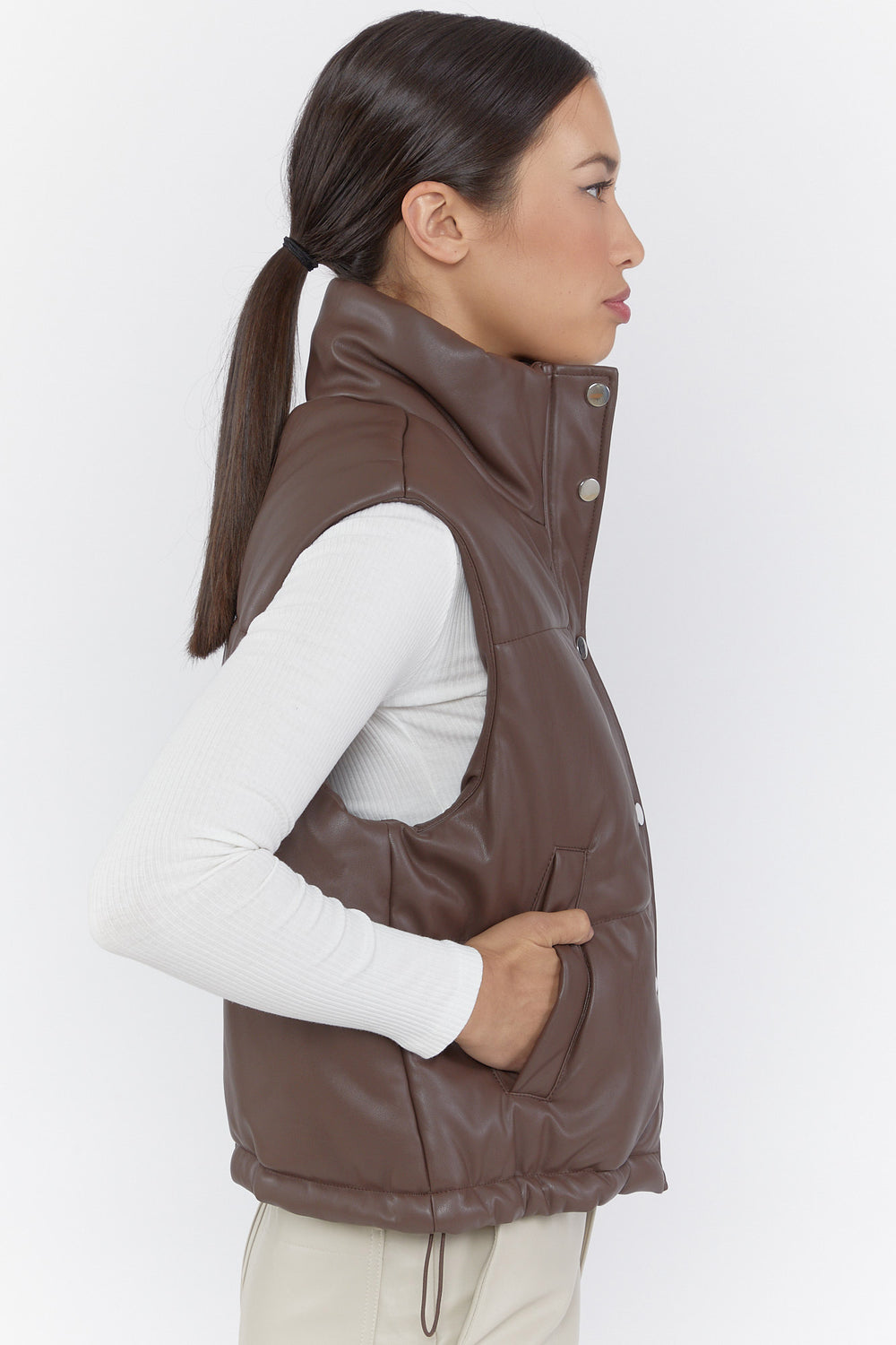 Faux Leather Puffer Vest Brown